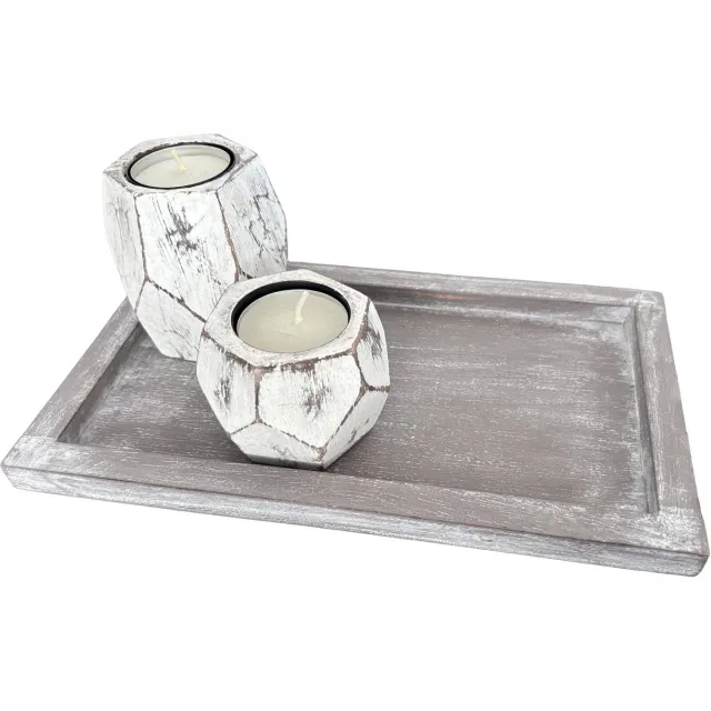 Woodart diamant set waxinehouders op onderschaal 15x25 antique white