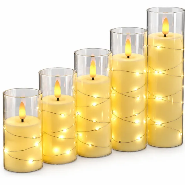SWGOTA led kaarsen, set van 5 met lichtsnoer van 50 lampjes, vlamvormige lichtpunten en transparante mantel voor bruiloften en tafeldecoratie Ivoor