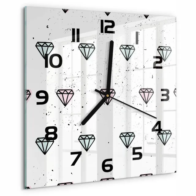 TULUP Wandklok - Diamanten Wandklok Glas Decoratie - 30x30 cm - Veelkleurig Gekleurde Glazen Klok - Zwarte handen - Vierkante Klok - Klok Glas Met Opdruk - Moderne Wandklok Glas