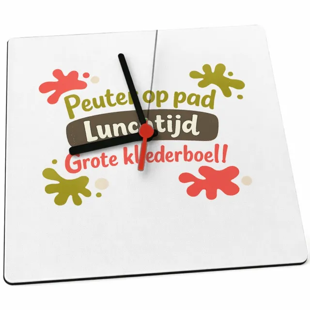 Mr Cadeautjes Klok 19 x 19 - design Een speelse typografische print met kliederaccenten rondom e | cadeau Wit
