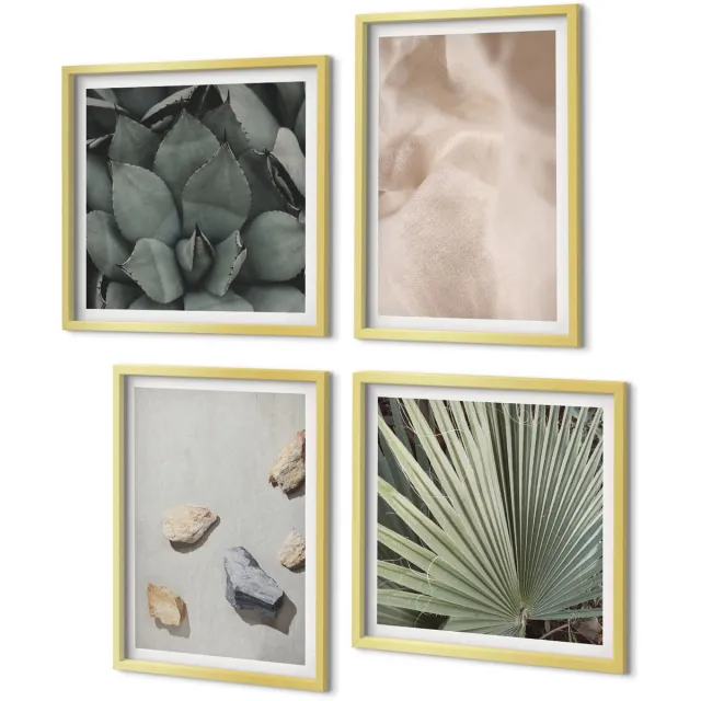 Coloray 4-Delige Schilderij Set - Stenen Hout Stof Diverse texturen - 40 x 40 cm en 40 x 60 cm - Muurdecoratie - Interieur Decoratie Gouden lijst