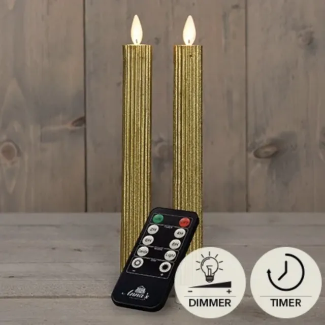 Char Collection LED kaarsen met bewegende vlam 2x - 23cm Ribbel - Goud - Gold - Afstandsbediening - Timer - Dimmer - Dinerkaars rustiek wax - LED kaars batterij
