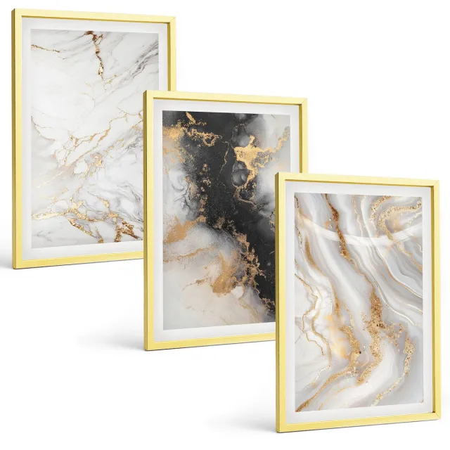TULUP 4-Delige Schilderij Set - Abstracte patronen in zwart-wit tinten - 40 x 60 cm - Wanddecoratie - Schilderijen Set - Interieur Gouden lijst