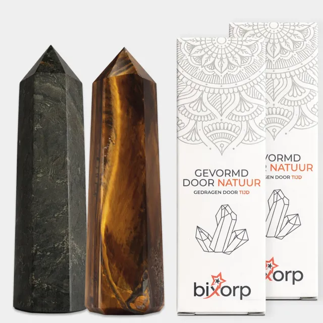 Bixorp Gems Edelsteen Punt set met Tijgeroog + Gabbro - Edelstenen Obelisk - Decoratieve Toren van 100% Natuurlijke Edelsteen - 6 tot 8cm *bundel tijgeroog + gabbro