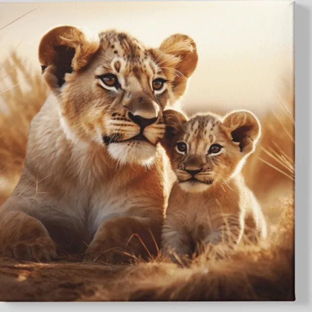 Trendex Global Vierkant Canvas Schilderij - Dieren - Moeder Leeuwin met Welp - 100x100x2 cm Bruin