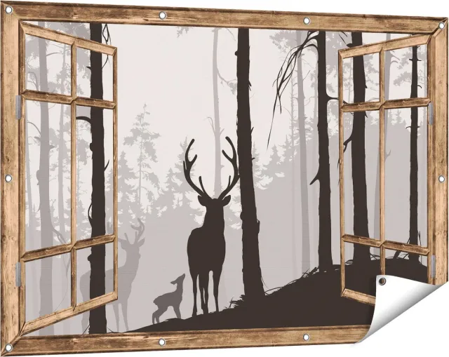 Gards Tuinposter Doorkijk Herten in het Bos - Silhouet - 120x80 cm - Tuindoek - Tuindecoratie - Wanddecoratie buiten - Tuinschilderij Licht bruin