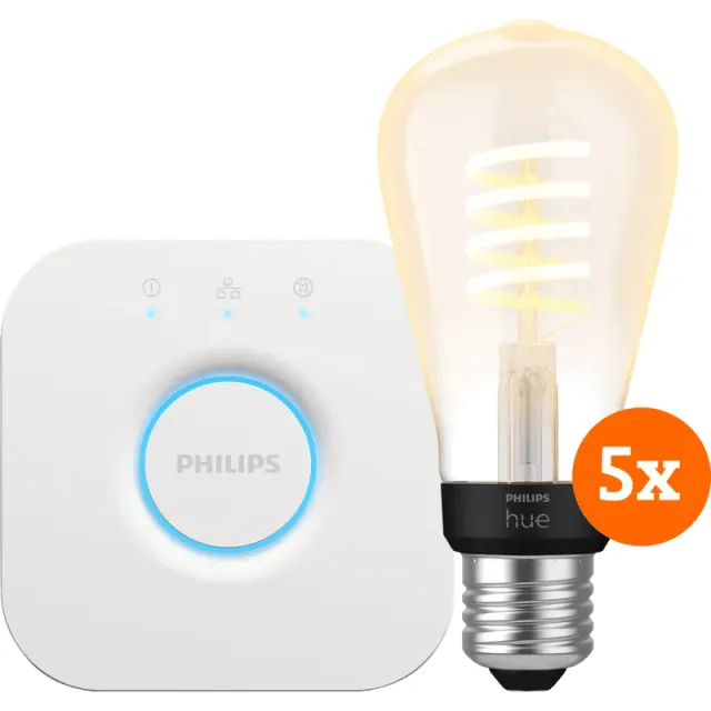 Philips Hue Filament White Ambiance Edison 5-Pack + Bridge