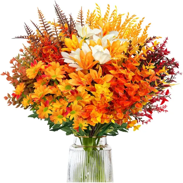 Famanu Set van 8 bundels herfstdecoratie met kunstbloemen, realistische gedroogde bloemen voor binnen en buiten Oranje