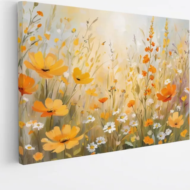 Saammp Canvas Schilderij - Oranje bloemen - geel - Abstract - 45x30 - Foto op canvas - Wanddecoratie - Muurdecoratie Woonkamer - Kantoor Decoratie