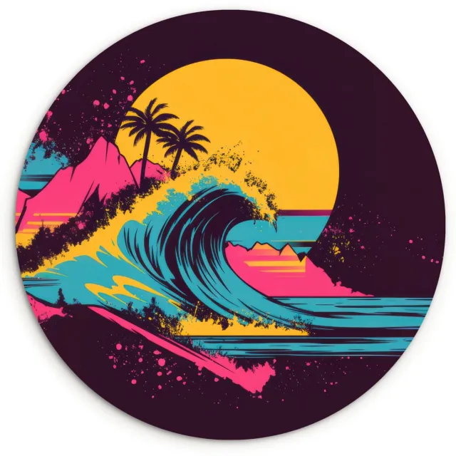 WallCircle Wandcirkel 90x90 cm - Muurcirkel Golf - Kleurrijk - Zon - Palmbomen - Muurdecoratie woonkamer - Wanddecoratie slaapkamer - Kamer decoratie accessoires - Ronde schilderijen Golf - Zon - Palmbomen