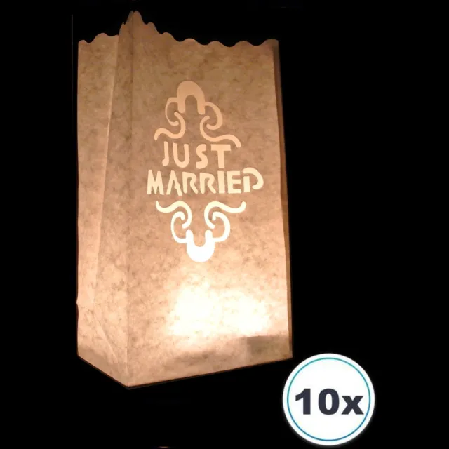 Volanterna 10x Candle Bags JUST MARRIED – Hoogte 26 cm – Bodem 16x9 cm – Lichtzakken – Brandvertragend Papier – Voor Bruiloft, Feest, Decoratie, Tuin – Candlebag wit