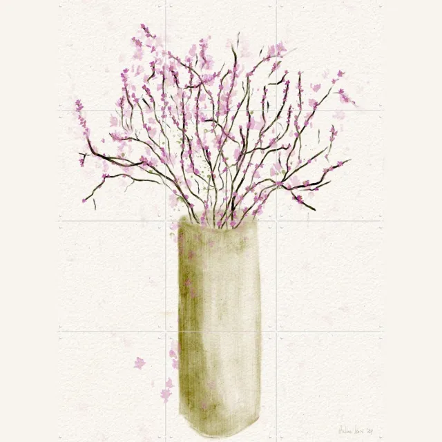 IXXI Serene Blossom Vase, Ankie Kooi & Various - 60 x 80 cm - Grote wanddecoratie en posters - Aquarel, Minimalisme, Illustraties, Slaapkamer Beige / Roze