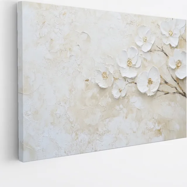 Saammp Canvas Schilderij - Witte Bloemen en Takken - Natuur - Textuur Abstract - 90x60 - Foto op canvas - Wanddecoratie - Muurdecoratie Woonkamer - Kantoor Decoratie Multicolor