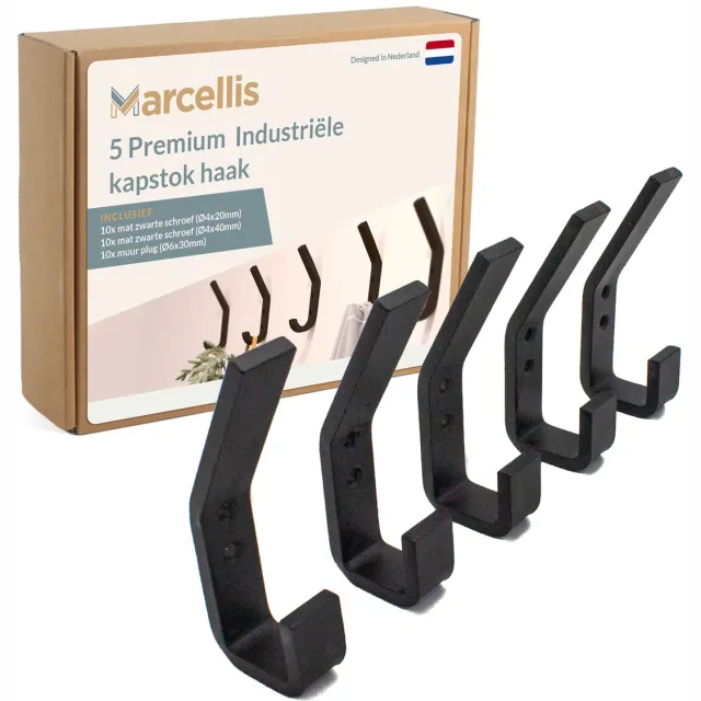 Marcellis 5x Ophang haak - Industriële kapstokhaak - hoed jas haak - mat zwart - metaal - 11x4x2cm mat zwart 5 haak los