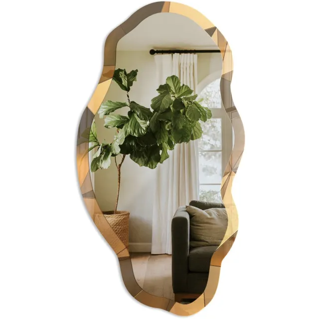 TULUP Ruimtelijk Patroon Spiegel - Beige Elegante Rechthoekige Wandspiegel - Organische Spiegel - Kantoor, Woonkamer, Hal - Geometrisch - 45x90 cm - Totale afmeting 52x97 cm Ruimtelijk Patroon, Beige