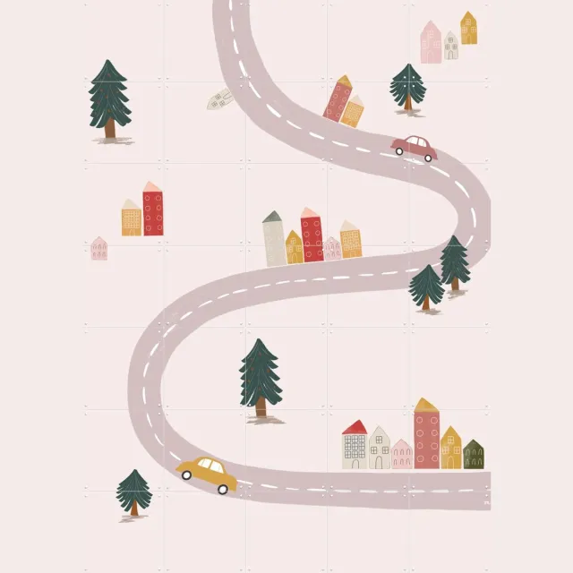 IXXI Pink Village, Menina Lisboa & Various - 100 x 140 cm - Grote wanddecoratie en posters - Fantasierijk, Speels, Illustraties, Kleurrijk, Babykamer Roze