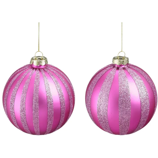 Mica Decorations Kerstballen glas streep fuchsia lila - 2 stuks (ø10 cm) Fuchsia, Lila