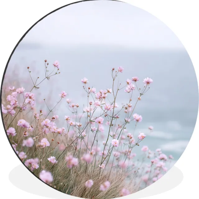 WallCircle Wandcirkel - Muurcirkel - Klif - Bloemen - Zee - Roze - Aluminium - Dibond - 140x140 cm - Binnen en Buiten