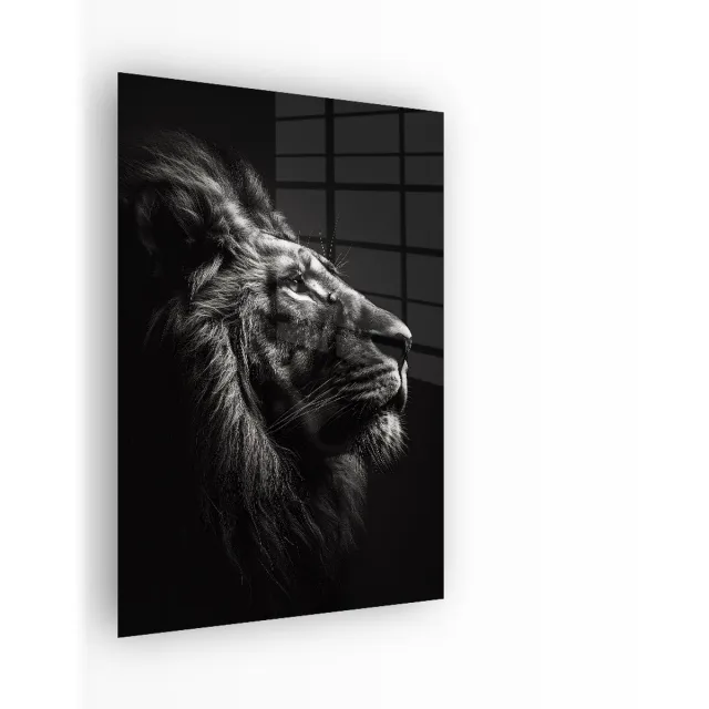 Indoorart Glasschilderij Koning Leeuw 80x120 CM - Afbeelding op plexiglas - Inclusief montagemateriaal zwart, wit