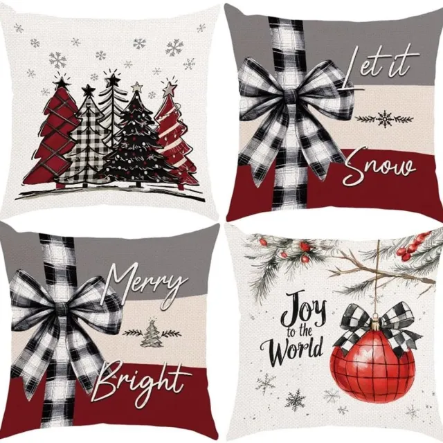 Flintry Set van 4 kerstkussenhoezen van katoenfluweel, decoratief vierkant kussen voor thuis of op kantoor, 45 x 45 cm(vulling niet inbegrepen) b