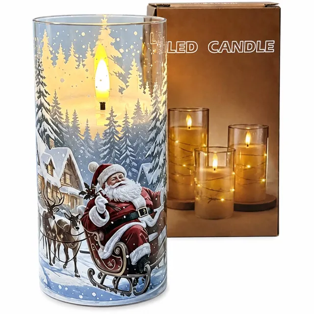 SWGOTA led kaarsen - 1 stuk met kerstman en sneeuwlandschap, 7,5 × 15 cm, warm licht, op batterijen, in kartonnen doos, zonder batterijen Bruin