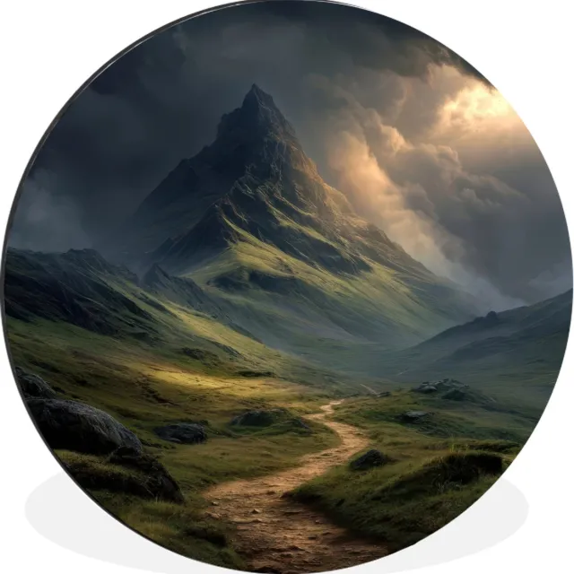 WallCircle Wandcirkel - Muurcirkel - Bergen - Kronkelpad - Groen - Wolken - Aluminium - Dibond - 90x90 cm - Binnen en Buiten Bergen - Pad - Wolken