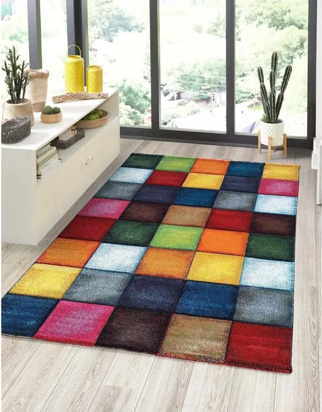 flycarpets Vernazza Vloerkleed Kleurrijk - Geblokt motief - Laagpolig Vloerkleed Woonkamer - 160x230 cm Groen
