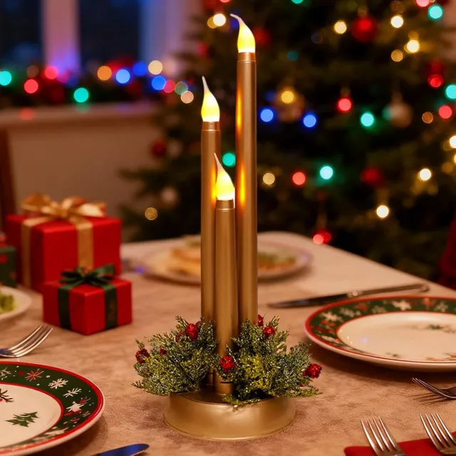 Daity 1 stuk - Vlamloze kegelkaars met voet - 12-inch plastic batterijgevoede vlamloze kaars met 3D-lont - LED-kaarsenhouder - geschikt voor bruiloften en kerstdecoraties goud