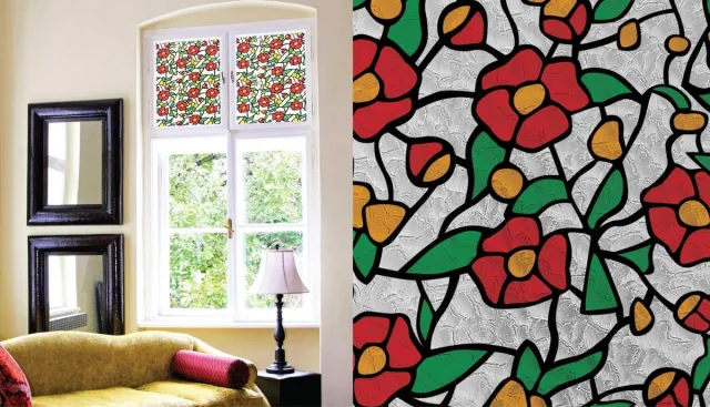 Patifix Raamfolie zelfklevend. Glas in lood bloemen rood 45x200cm Geel