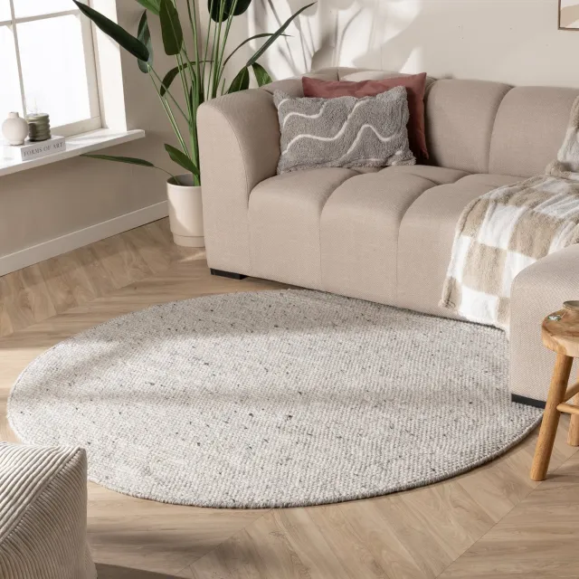 NATURL. Rond wollen vloerkleed - Feline Grijs/Gemeleerd | Isolerend - Ø 120cm