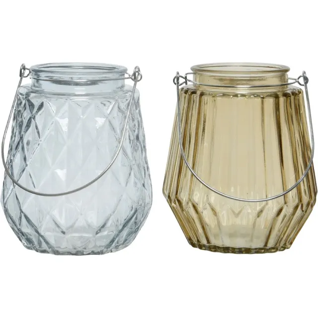 Decoris Set van 2x stuks theelichthouders/waxinelichthouders ruit/streep glas ijsblauw en taupe met metalen handvat 11 x 13 cm Multi