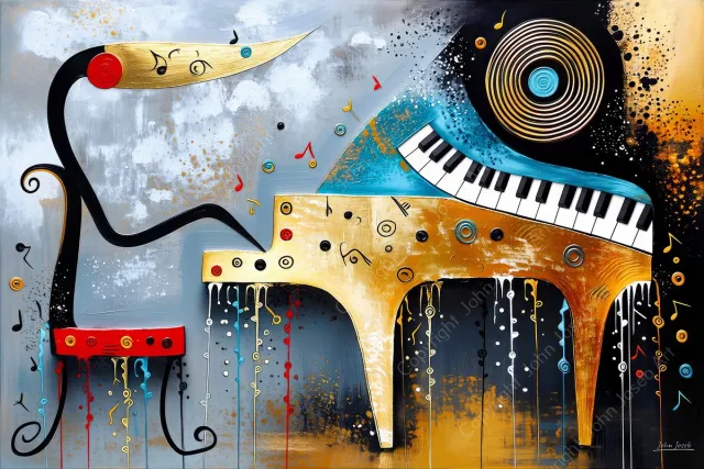John Joseb Art (Glas) 90x60 | Piano met pianist, artistiek, abstract, muziek, kunst, Salvador Dali stijl | muziekinstrument, goud, rood, bruin, blauw, modern | Foto-schilderij-glasschilderij-acrylglas-acrylaat-wanddecoratie Acrylglas, dikte 5 mm