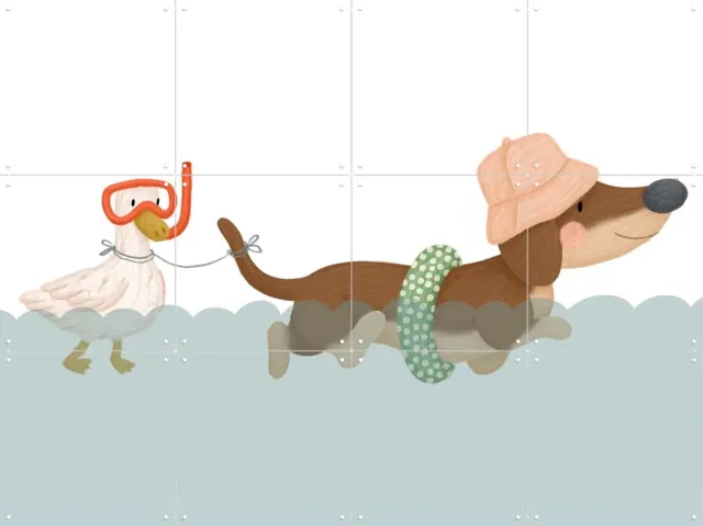 IXXI Swimming Dachshund, Studio Phie - 80 x 60 cm - Grote wanddecoratie en posters - Digitale Kunst, Illustraties, Speels, Cartoonesk, Babykamer Blauw