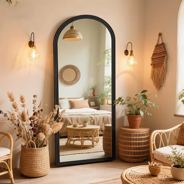 MODENUIT Staande Spiegel – 160 x 50 cm – Boogvorm – Houten Lijst – Zwart – Verstelbare Metalen Voet Voor Binnen
