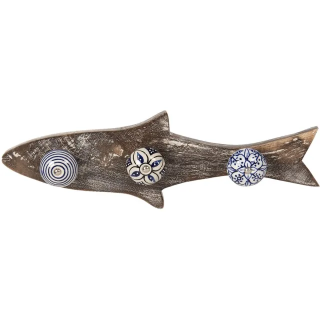 Clayre & Eef Wandkapstok 3 Haken Vis 33x5x10 cm Blauw Hout
