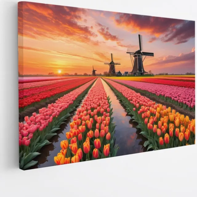 Saammp Canvas Schilderij - Landschap - bloemenveld met molens en een zonsondergang - Natuur - 150x100 - Foto op canvas - Wanddecoratie - Muurdecoratie Woonkamer - Slaapkamer decoratie - Canvas Print Multicolor
