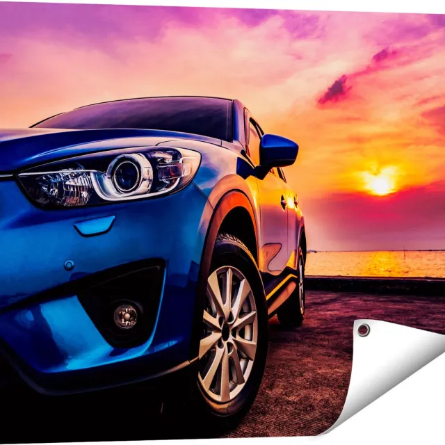 Gards Tuinposter Blauwe Sportwagen Auto bij Zonsondergang - 80x60 cm - Tuindoek - Tuindecoratie - Wanddecoratie buiten - Tuinschilderij Multikleur