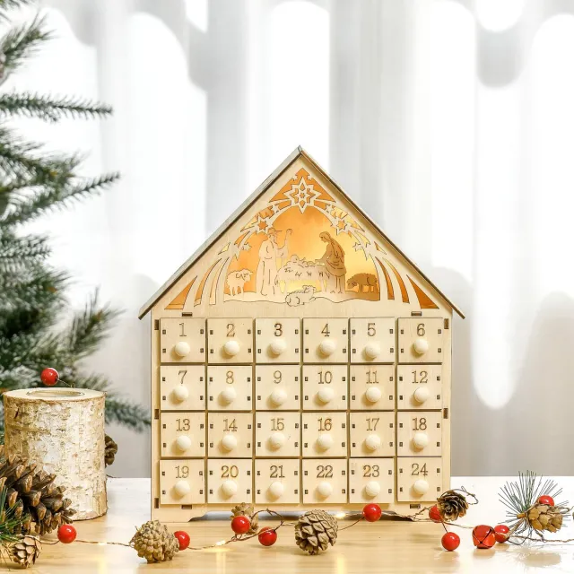 ECTEATOY Adventskalender 2026 - met 24 lades en 5 ledlampjes - 26,6 x 6 x 30 cm - Houten Houtkleur