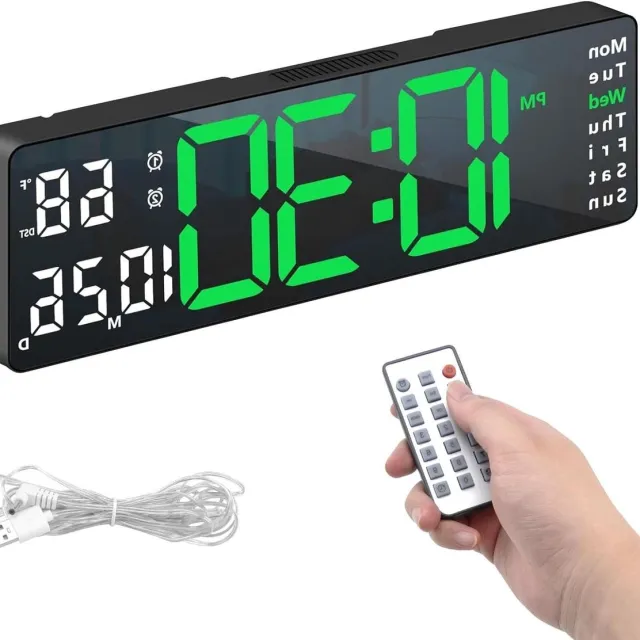 By Shane ByShane - Digitale wandklok 33 cm LED Wandklok met groot scherm en afstandsbediening - Instelbare helderheid met tijd/datum/temperatuur - Voor woonkamer keuken kantoor sportschool Groen