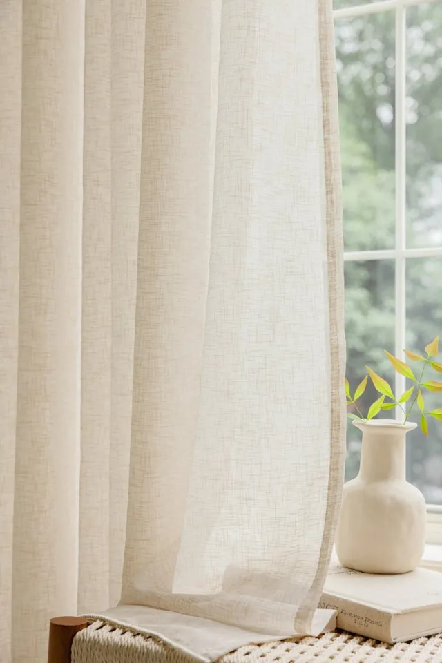 maroyathome BIBIANA Vitrage Gordijn - Kant-en-Klaar met Plooiband - Beige - 150x180 cm - Transparant Inbetween Glasgordijn - Incl. Loodveter en Embrasse - 1 Stuk