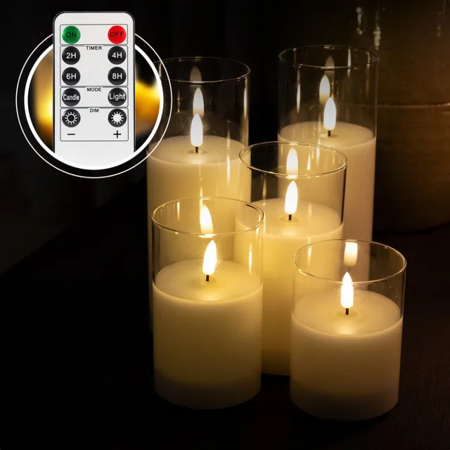 Akaro Oplaadbare LED Kaarsen – 5 LED Kaarsen met Glas – Nepkaarsen – 75+ Branduren - Inclusief Afstandsbediening Wit Glas
