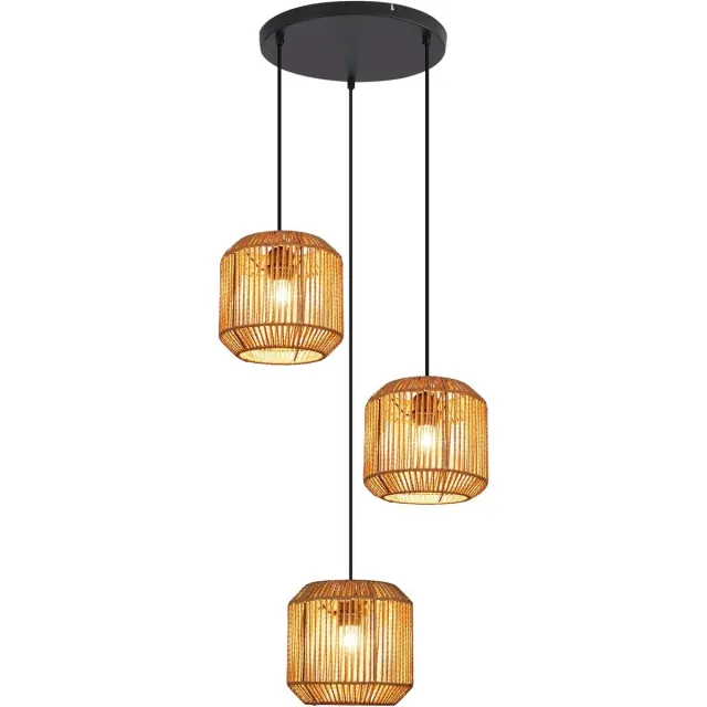 Glitzerlife Hanglampen - Boho Retro-stijl - 3xE27 - Laternenvormig Handgeweven - Ø21cm - Papierkoord Metaal - Hoogte Verstelbaar - Hanglamp Eetkamer Woonkamer Slaapkamer Lantaarn schijf