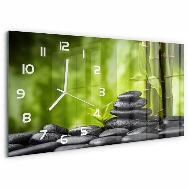 TULUP Wandklok - Zen-stenen Wandklok Glas Decoratie - 60x30 cm - Groente Gekleurde Glazen Klok - Witte handen - Rechthoekige Klok - Klok Glas Met Opdruk - Moderne Wandklok Glas