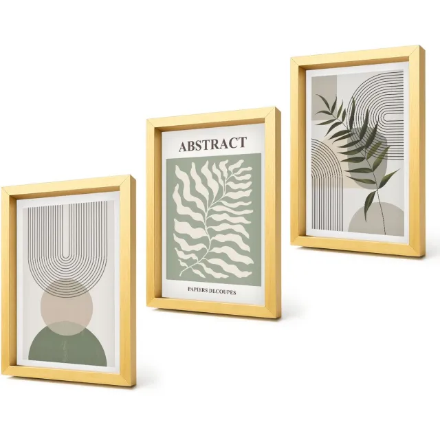 Coloray 4-Delige Schilderij Set - Botanische abstracte vormen in boho-rustieke stijl - 20 x 30 cm - Wanddecoratie - Schilderijen Set - Interieur - Moderne Wanddecoratie Gouden lijst