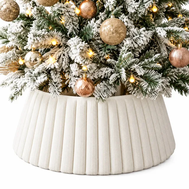 VILIMA Kerstboomvoet - Kerstboom kraag - Kerstboomrok - Kerstmis - 72x58x23,5 cm - Crème wit - Gestreept - Oprolbaar