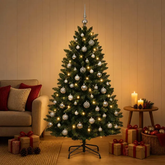 vidaXL Kunstkerstboom donkergroen met kerstballen 120 cm 150 LED's