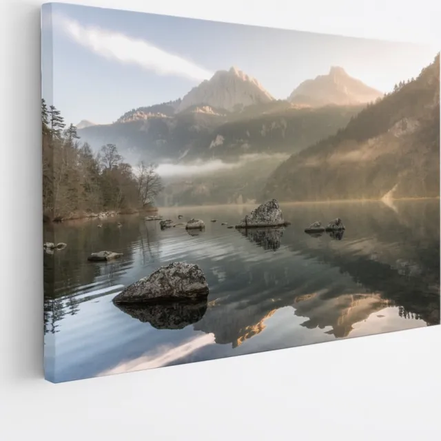Saammp Canvas Schilderij -Mistig Landschap - Rotsen - Natuur - 45x30 - Foto op canvas - Wanddecoratie - Muurdecoratie Woonkamer - Slaapkamer decoratie - Canvas Print Multicolor