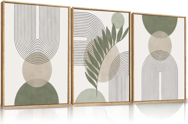 Mrilary 3-dijst Abstracte Geometrische Kunstprint Set 30x40cm | Beige Groene Bladeren Minimalistische Muurdecoratie voor Woonkamer Keuken Gang | Boho Stijl Canvas Schilderijen(Exclusief Lijst)