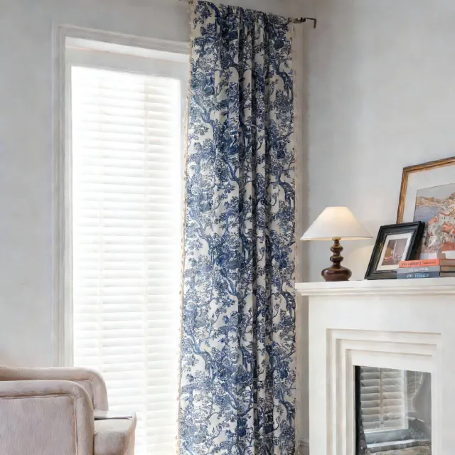 Floraweg Vintage gordijnen van katoen en linnen met franjes – kant-en-klare verduisteringsgordijnen voor slaapkamers, woonkamers en erkerramen, 140 x 160cm blauw