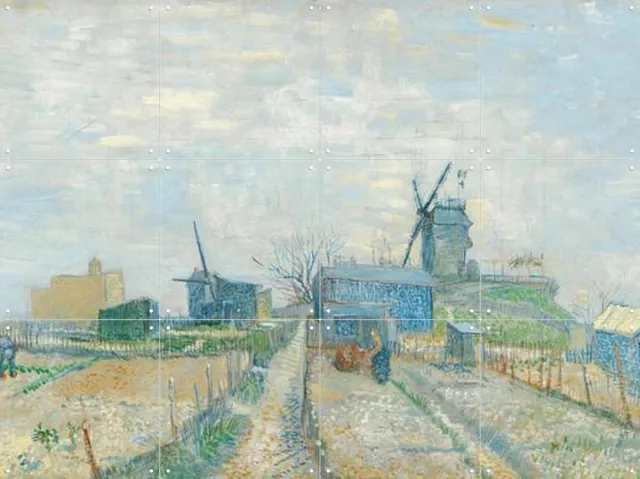 IXXI Montmartre: molens en moestuinen (1887), Vincent van Gogh (1853 - 1890) & Van Gogh Museum - 80 x 60 cm - Grote wanddecoratie en posters Lichte tinten / Blauw